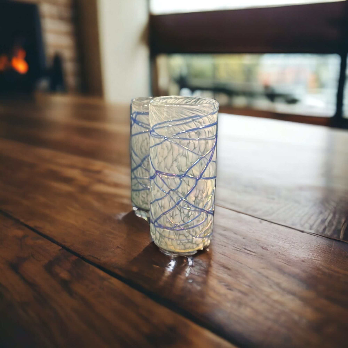 Handmade Mexican Double Shot Glass | White & Blue Swirl Design