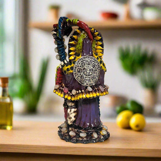 Handmade Aztec Warrior Statue | Colorful Grim Reaper Figurine