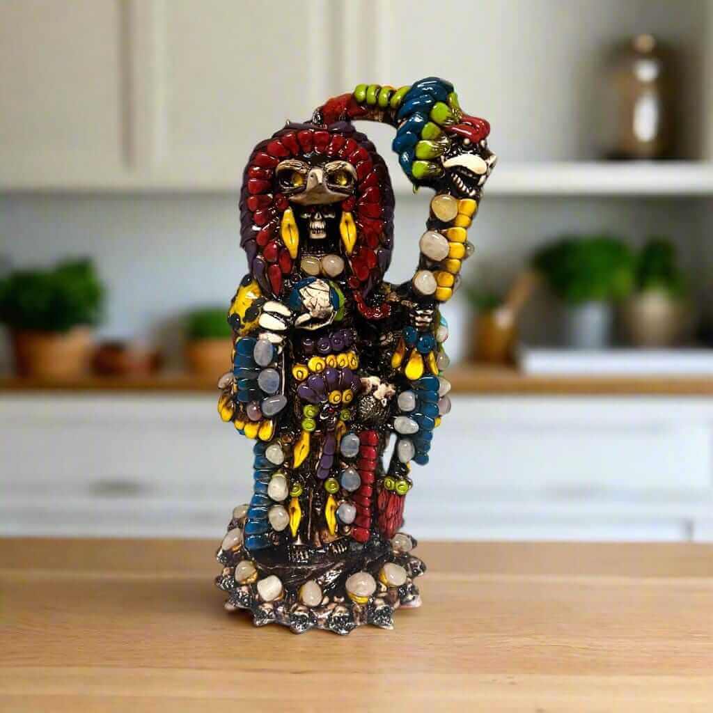 Handmade Aztec Warrior Statue | Colorful Grim Reaper Figurine