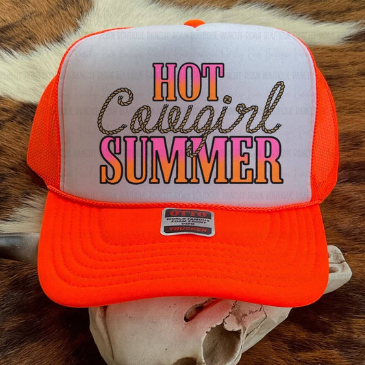 "Hot Cowgirl Summer" Trucker Hat — Blaze Orange Foam Front with Mesh Back & Adjustable Snapback