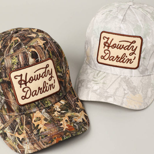 "Howdy Darlin'" Realtree Camo Patch Trucker Hat — 100% Cotton with Adjustable Snapback
