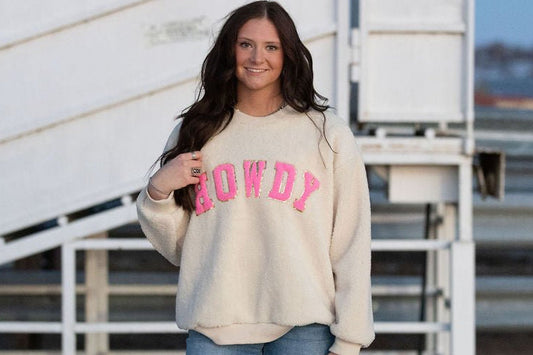 "Howdy" Western Sherpa Pullover — Ivory with Pink & Gold Applique Patches (XL remains)