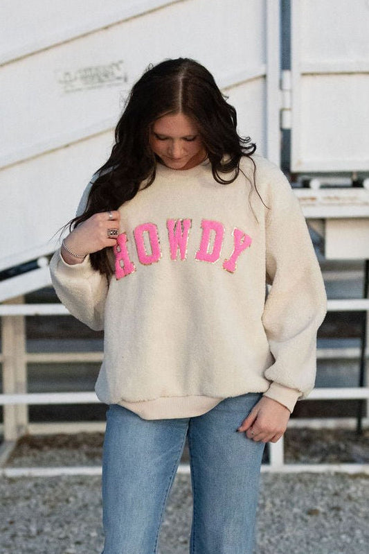 "Howdy" Western Sherpa Pullover — Ivory with Pink & Gold Applique Patches (XL remains)