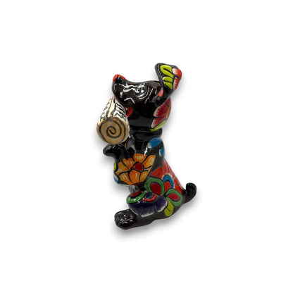 Talavera Dog Holding Newspaper Statue | Colorful Mexican Garden Art
