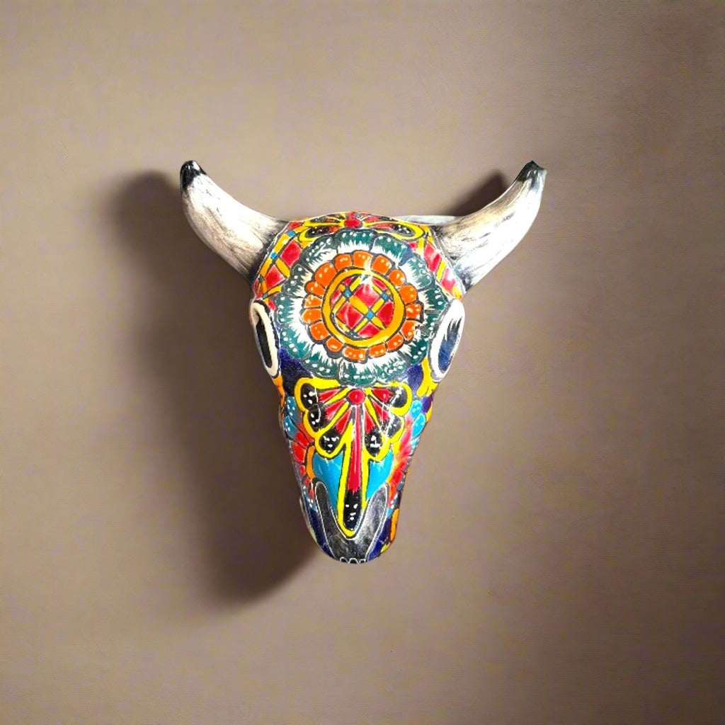 Talavera Bull Skull Wall Decor | Handmade Mexican Longhorn Art