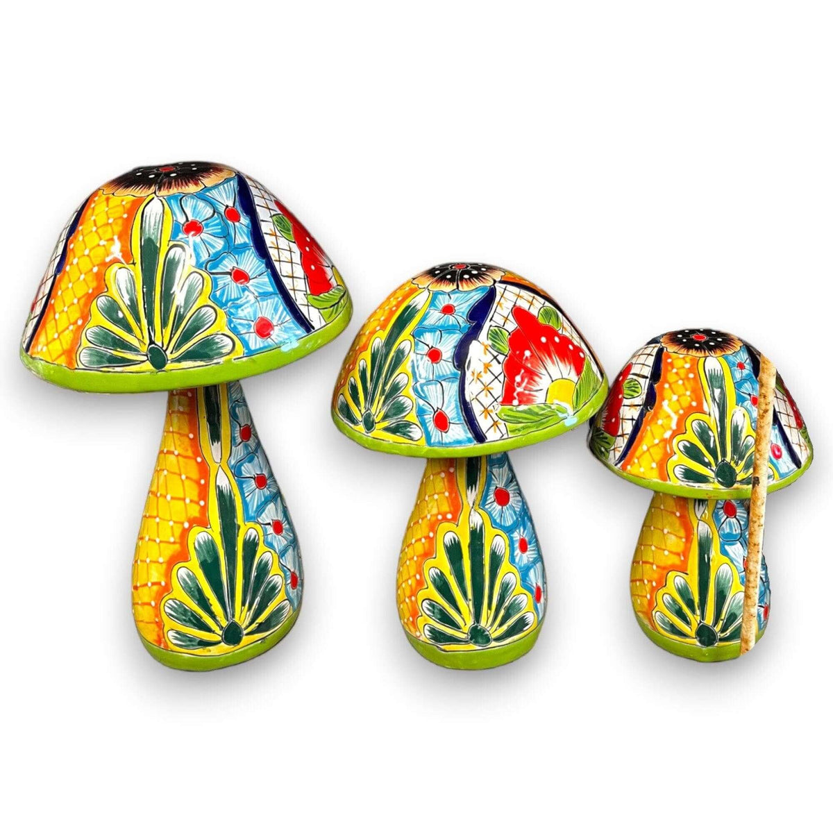 Talavera Mushroom Statue Set | Hand-Painted Mexican Garden Decor