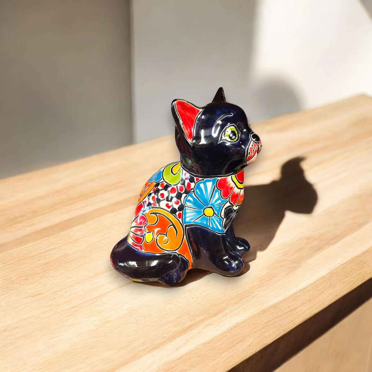 Talavera Cat Figurine | Hand-Painted Mexican Folk Art Home Decor