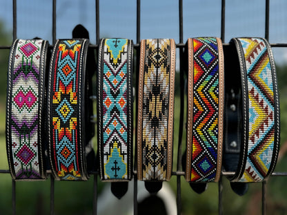 Western leather dog collar tooled and seed bead details by Double B Wild Rags