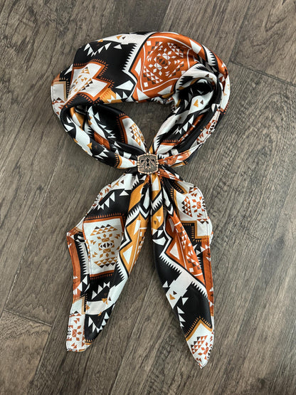 100% Silk Wild Rag Aztec Native tribal inspired pattern of brown, black, and white by Double B Wild Rags