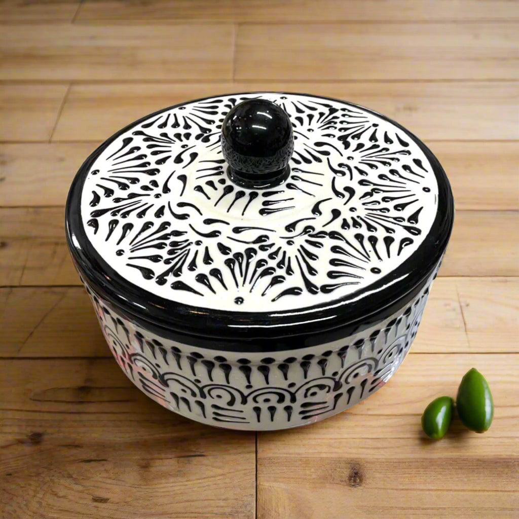 Black Talavera Tortilla Warmer | Handmade Puebla Ceramic Dish