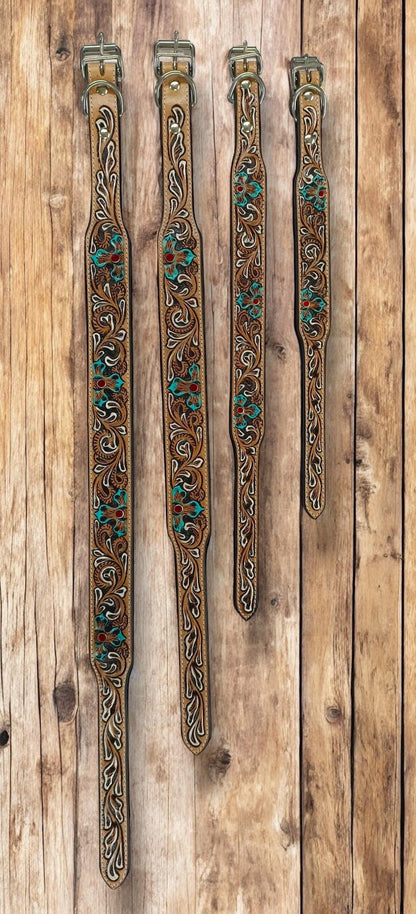 Western Genuine Leather dog collar tooled details aces cards sunflower feather rhinestone cactus floral by Double B Wild Rags