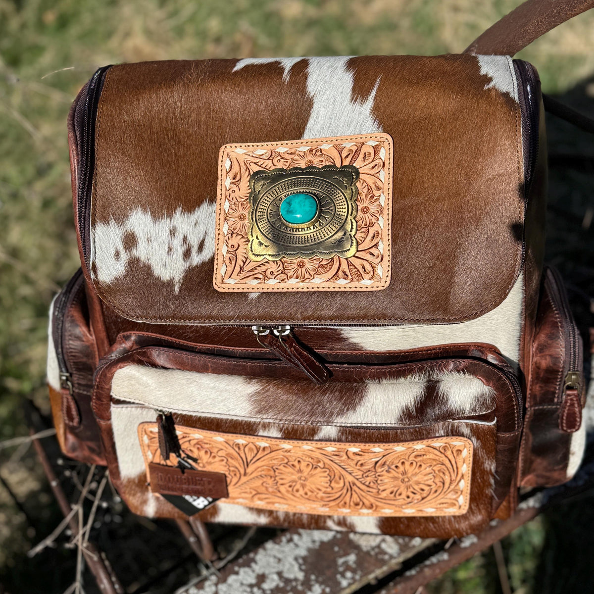 Genuine Western Cowhide Leather Backpack Diaper Bag Personal Item carry-on luggage