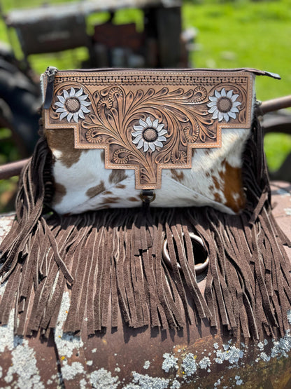 Genuine Western Cowhide Leather Purse or Clutch with white daisy floral painted details a Double B Wild Rags Exclusive