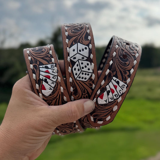 Genuine Leather Western Belt with tooled cards and dice by Double B Wild Rags