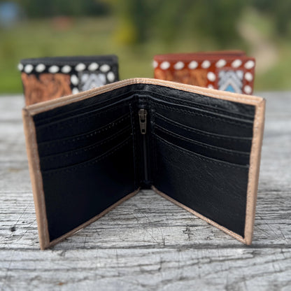Men’s Western bi-fold wallet tooled, seed bead, and buckstitch details by Double B Wild Rags