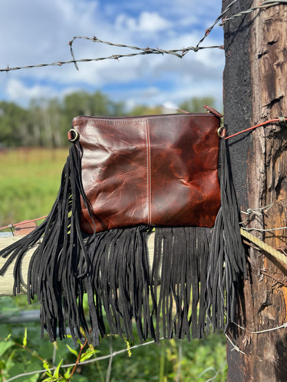 Genuine Western Cowhide Leather Purse with Ace Cards painted details and black fringe.