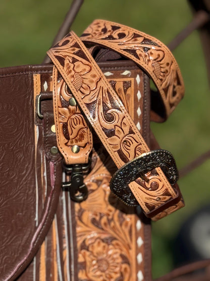 Genuine Western Leather Brown laptop messenger briefcase bag with tooled and embossed leather  by Double B Wild Rags