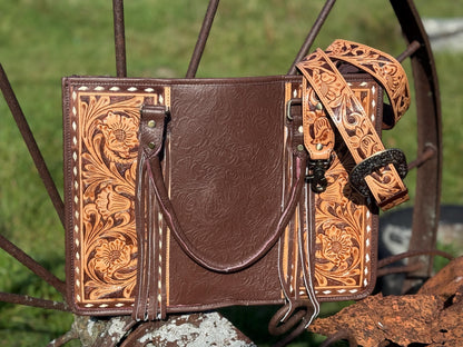 Genuine Western Leather Brown laptop messenger briefcase bag with tooled and embossed leather  by Double B Wild Rags