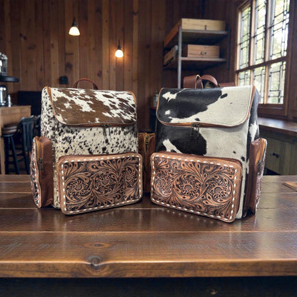 Genuine Western Cowhide Leather Backpack Diaper Bag Personal Item carry-on luggage by Double B Wild Rags