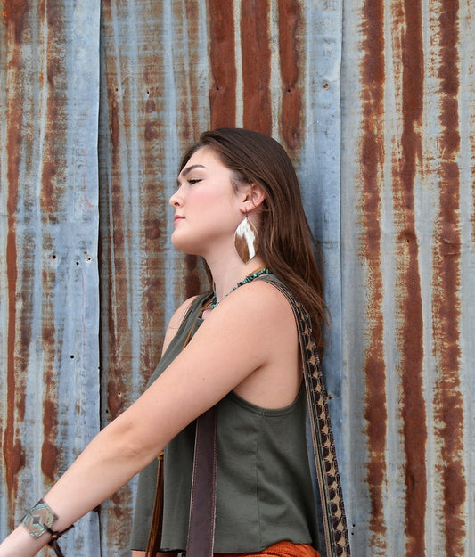 **Leather Oval Earrings in Tan and White Hair-on-Hide 222c