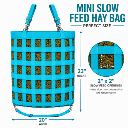 Tahoe Tack Patented Mini Slow Feed Hay Bag for Horses, 4-Sided Design, Easy-Fill Top, Super Tough Reinforced Bottom, Covered Hay Feeder with 2" x 2" Openings