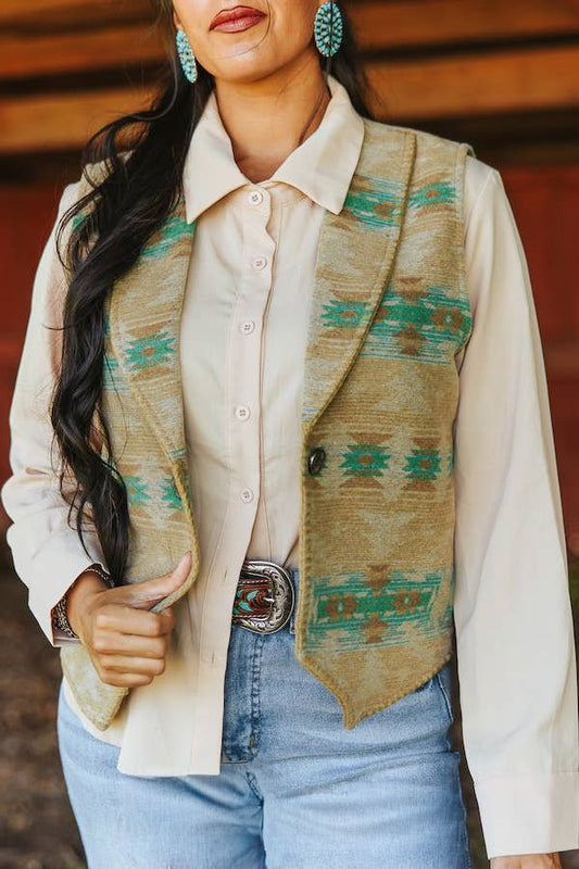 LUCKY & BLESSED "Jade Aztec" Wool-Blend Concho Button Western Vest — Sage Base with Jade & Turquoise Aztec Motifs