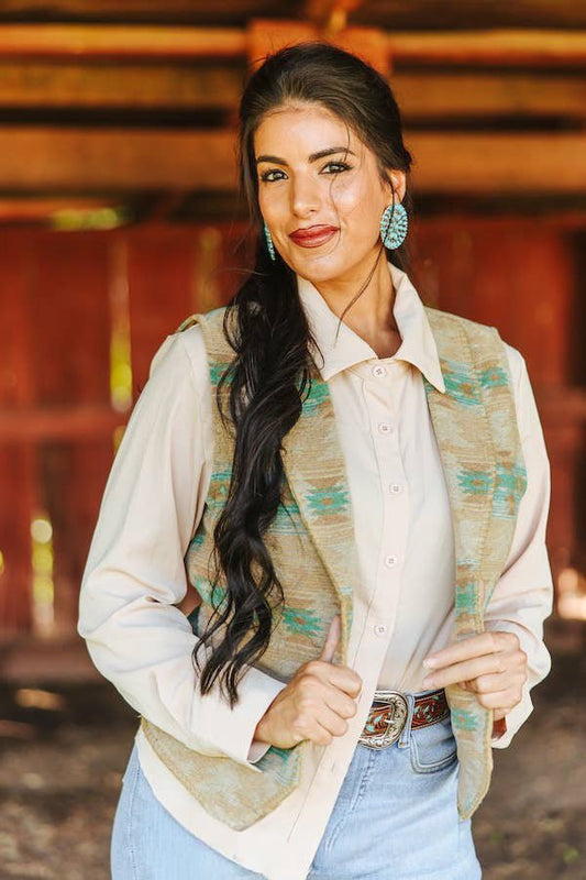 LUCKY & BLESSED "Jade Aztec" Wool-Blend Concho Button Western Vest — Sage Base with Jade & Turquoise Aztec Motifs