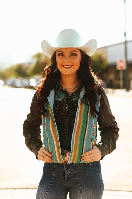 LUCKY & BLESSED Jade Serape Western Woven Zip-Up Puffer Vest — Vivid Southwestern Print with Stand-Up Collar