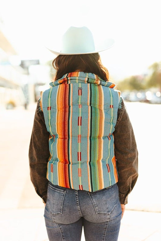 LUCKY & BLESSED Jade Serape Western Woven Zip-Up Puffer Vest — Vivid Southwestern Print with Stand-Up Collar