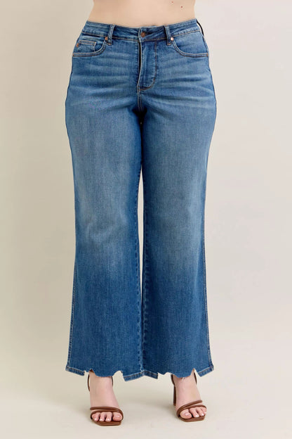 Judy Blue Full Size High Waist Tummy Control Chew Hem Destroy Wide Jeans Plus Size