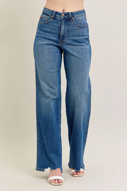 Judy Blue Full Size High Waist Tummy Control Chew Hem Destroy Wide Jeans Plus Size