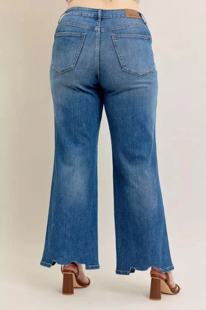 Judy Blue Full Size High Waist Tummy Control Chew Hem Destroy Wide Jeans Plus Size