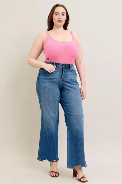 Judy Blue Full Size High Waist Tummy Control Chew Hem Destroy Wide Jeans Plus Size