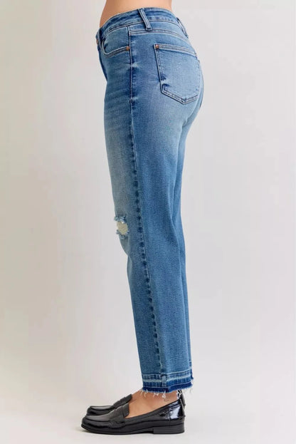 Judy Blue Full Size Mid Rise Bf Patch & Repair Destroy Release Hem Jeans Plus Size