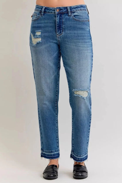 Judy Blue Full Size Mid Rise Bf Patch & Repair Destroy Release Hem Jeans Plus Size