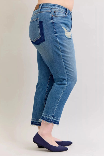 Judy Blue Full Size Mid Rise Bf Patch & Repair Destroy Release Hem Jeans Plus Size