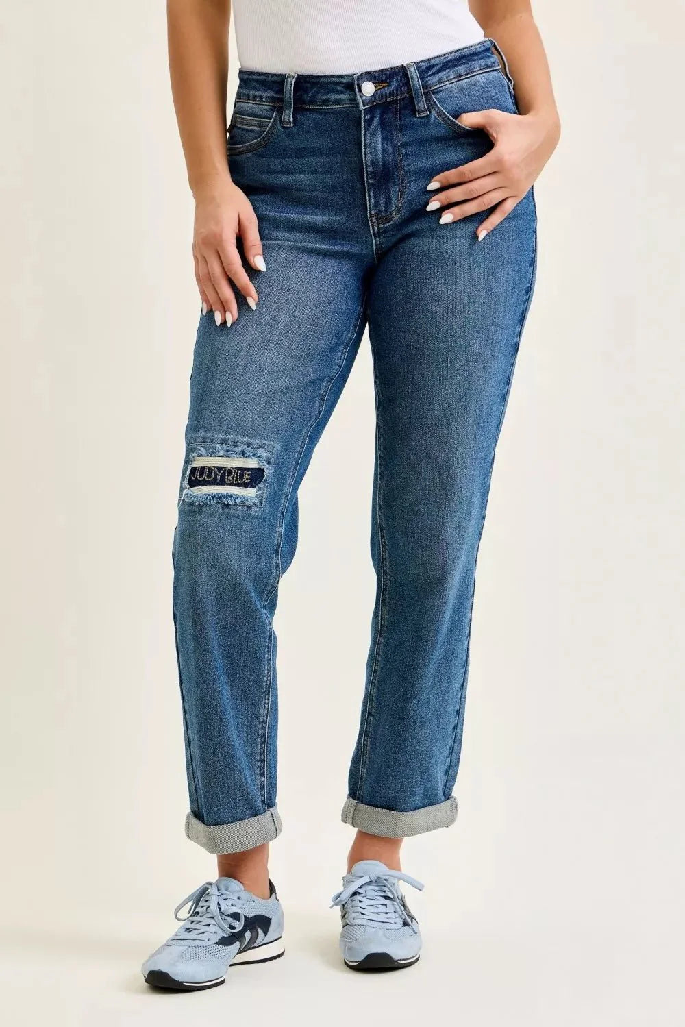Judy Blue Mid Rise Boyfriend Embroidered Repair Patch Jeans