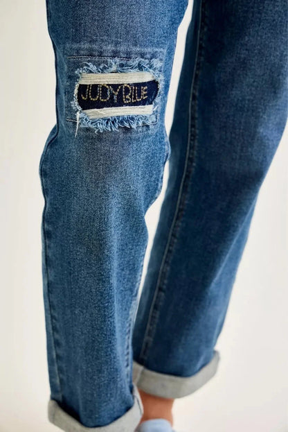Judy Blue Mid Rise Boyfriend Embroidered Repair Patch Jeans