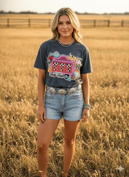 Lady Luck Slot Machine Sequin Patch Tee
