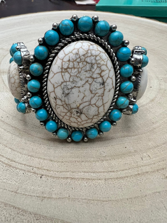 Western Turquoise & White Buffalo Stretch Cuff Bracelet — Bold Southwestern Statement