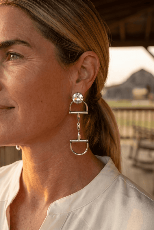 Large Western Horse Bit & Rhinestone Earrings — 3" Statement Drop