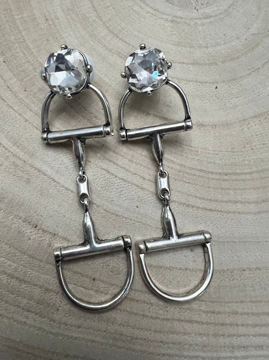 Large Western Horse Bit & Rhinestone Earrings — 3" Statement Drop