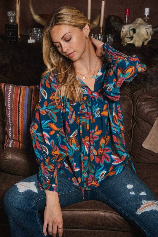 Oddi Leaf Printed Long Sleeve Western Blouse — Tie Front Neck with Ruffled Yoke (Small remaining)