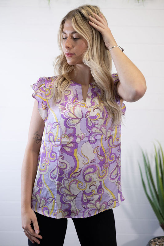 Andrée by Unit Lilac Split Neckline Western Satin Blouse — Flowy Sleeves Non-Sheer Summer Top (small and large remain)