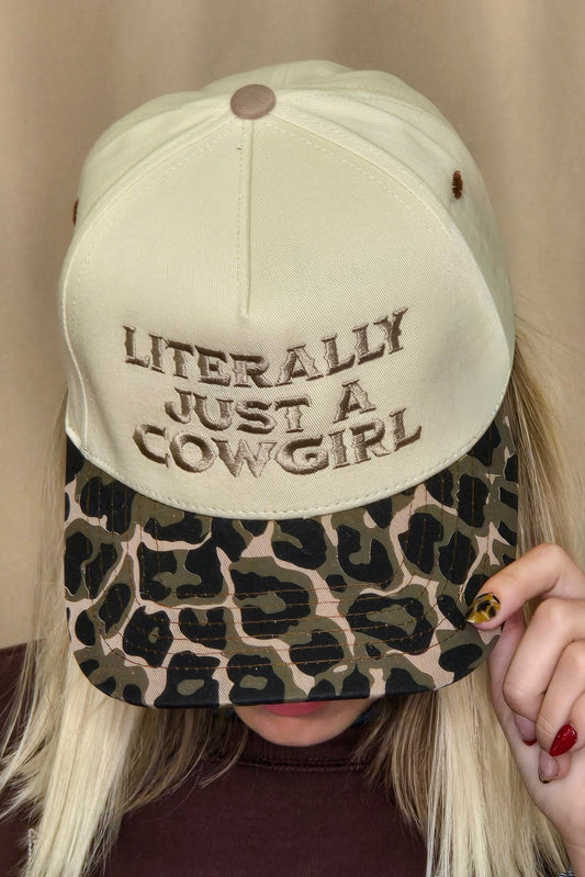 "Literally Just a Cowgirl" Leopard Brim Trucker Hat — Cream Front with Bold Embroidery (Multiple Thread Colors)