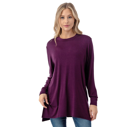 AZULES Long Sleeve Double Side Slit Tunic Western Top — Eggplant Made in USA Layering Staple (Small available)