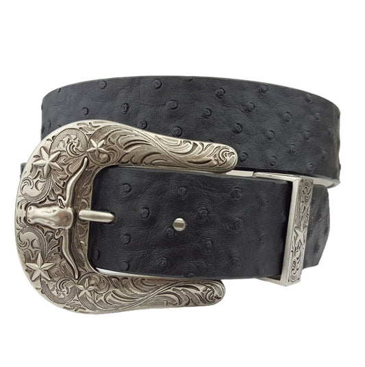 Western Longhorn Buckle Set with Ostrich Print Belt — Texas Star Detail