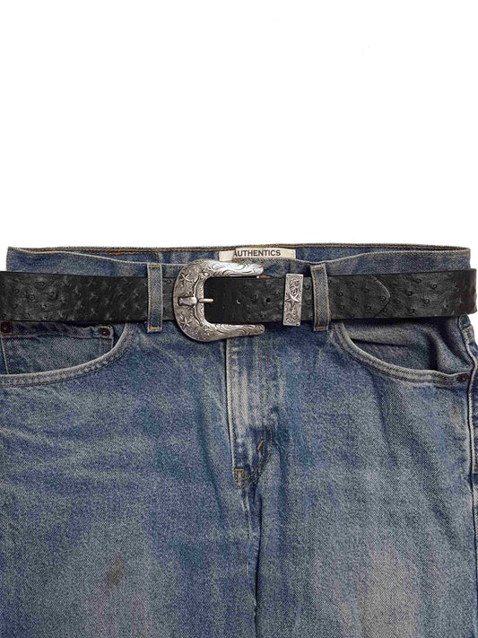 Western Longhorn Buckle Set with Ostrich Print Belt — Texas Star Detail