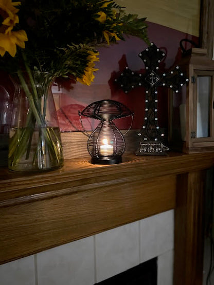 Enchanted Mushroom Wire Candle Holder – Rustic Metal Lantern