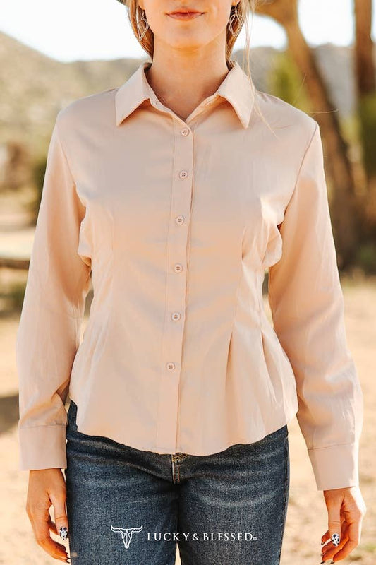 LUCKY & BLESSED "Mercedes" Beige Western Button-Down Shirt — Tailored Long-Sleeve Cowgirl Staple